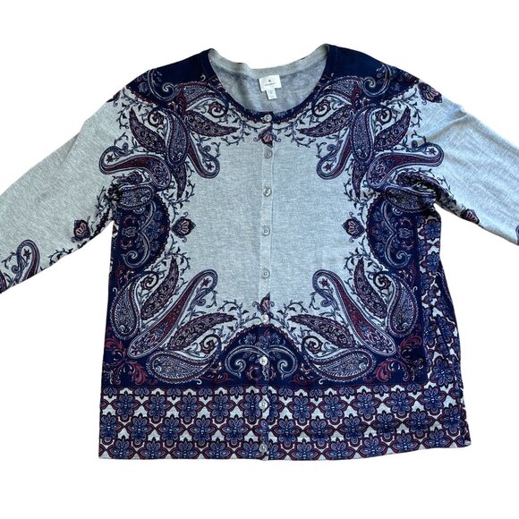 DRESSBARN CARDIGAN SWEATER FLORAL PAISLEY 3/4 SLEEVE STRETCHY WOMEN'S 1X GRAY - Picture 4 of 8